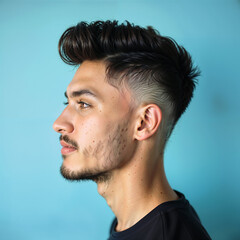 Obraz premium Portrait of a handsome young man with a stylish haircut on a blue background