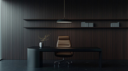 A sleek study room featuring a black glass desk and a geometric pendant lamp