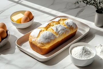 A quatre-quarts loaf on a modern tray, surrounded by flour, eggs, butter, and sugar, set on a minimalist countertop with soft shadows