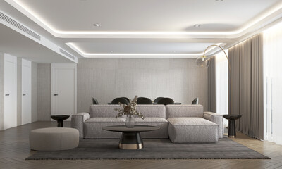 Modern interior design of living room and white sofa and dining table and chairs decoration and...