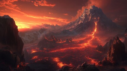 Fototapeta premium Erupting Volcano at Twilight with Flowing Lava and Fiery Skies
