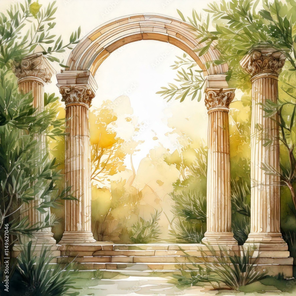 Poster ancient greek columns surrounded by watercolor olive branches and soft sunlight with empty copy spac