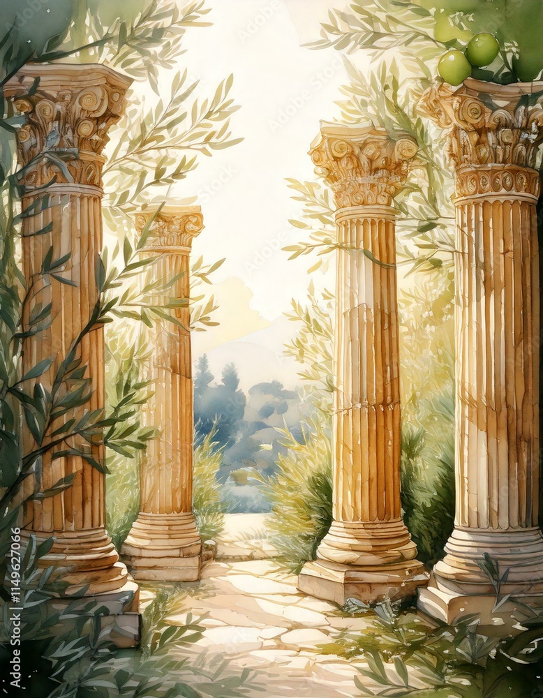 Poster ancient greek columns surrounded by watercolor olive branches and soft sunlight with empty copy spac