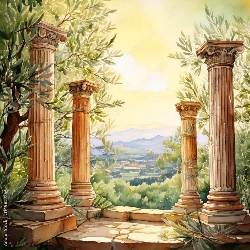 Poster ancient greek columns surrounded by watercolor olive branches and soft sunlight with empty copy spac