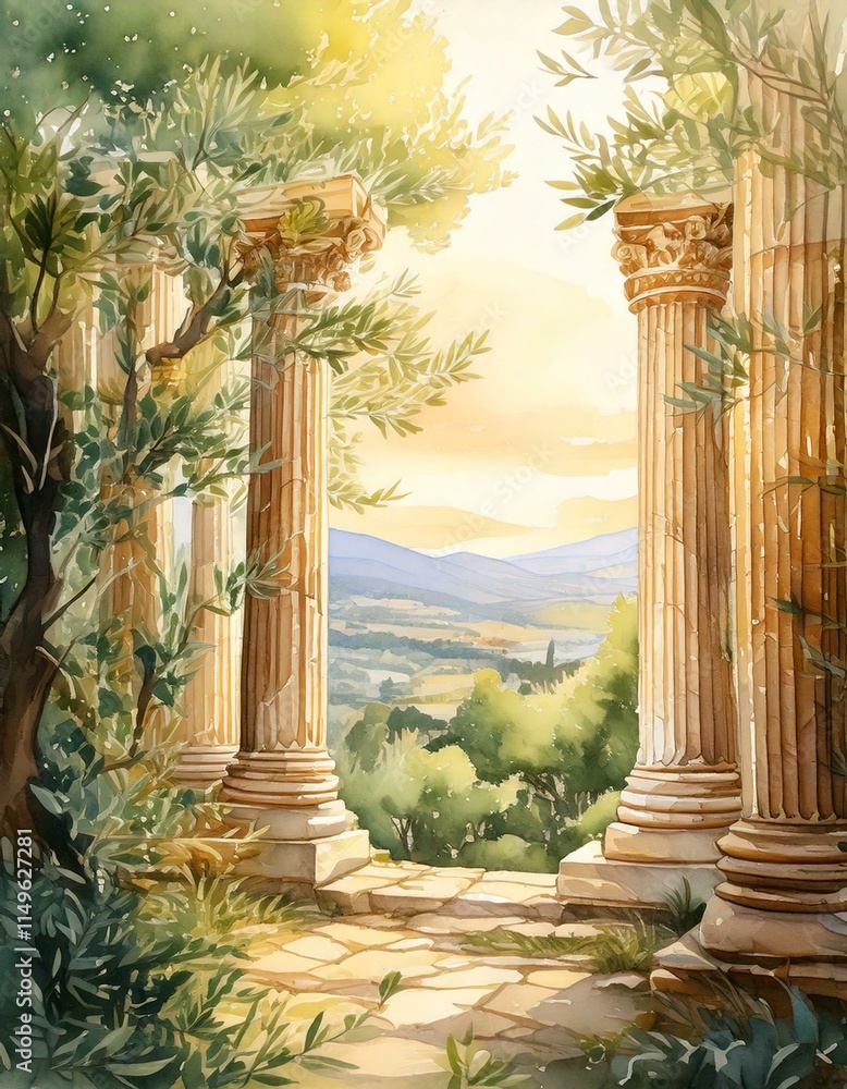 Poster ancient greek columns surrounded by watercolor olive branches and soft sunlight with empty copy spac