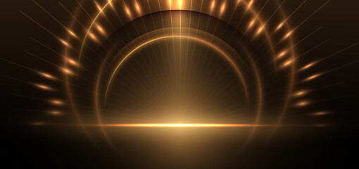 Abstract elegant gold glowing line with lighting effect sparkle on black background.