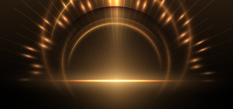 Abstract elegant gold glowing line with lighting effect sparkle on black background.
