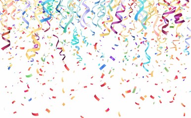 Obraz premium Colorful Confetti and Streamers Falling on White Background