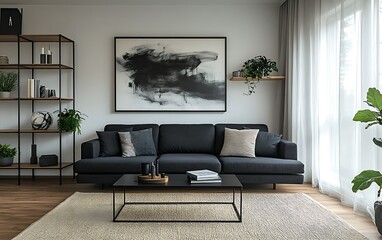 Modern living room interior design with black sofa, coffee table, shelves, plants, and abstract art.