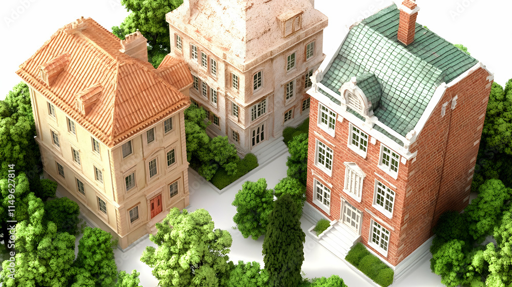 Aufkleber a 3d rendering of three distinct houses surrounded by greenery.