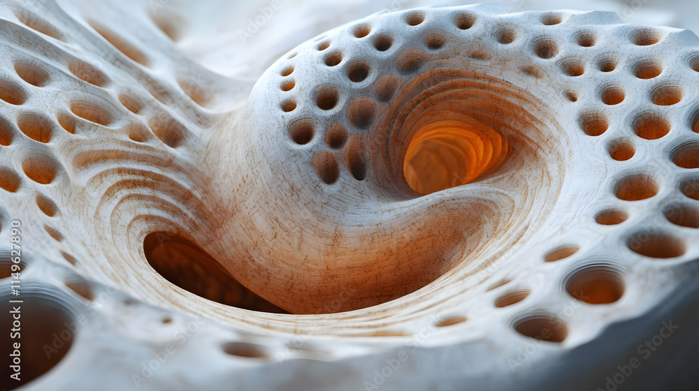 Poster abstract representation of organic forms with intricate textures and patterns.