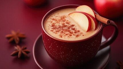 Warm apple cider drink in a red mug with cinnamon and star anise.