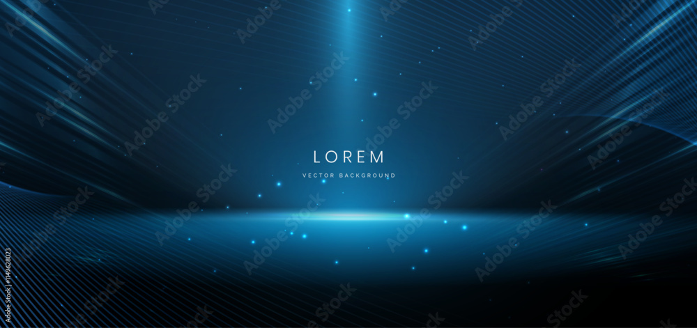 Poster abstract scene elegant blue light lines on dark background with lighting effect and sparkle.