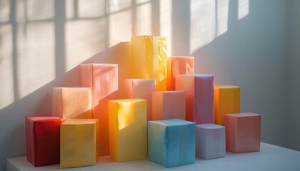 Obraz premium Brightly wrapped presents in various colors, stacked on a minimal white surface, glowing with gentle light