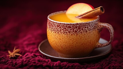 Warm apple cider drink in rustic mug with cinnamon stick and apple slice garnish on knitted background.