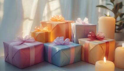 Brightly wrapped presents in various colors, stacked on a minimal white surface, glowing with gentle light