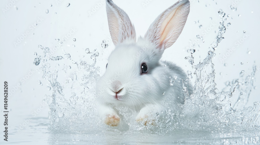 Poster minimalist close-up of a snow-white rabbit with splashes of clear water around its face, creating a 