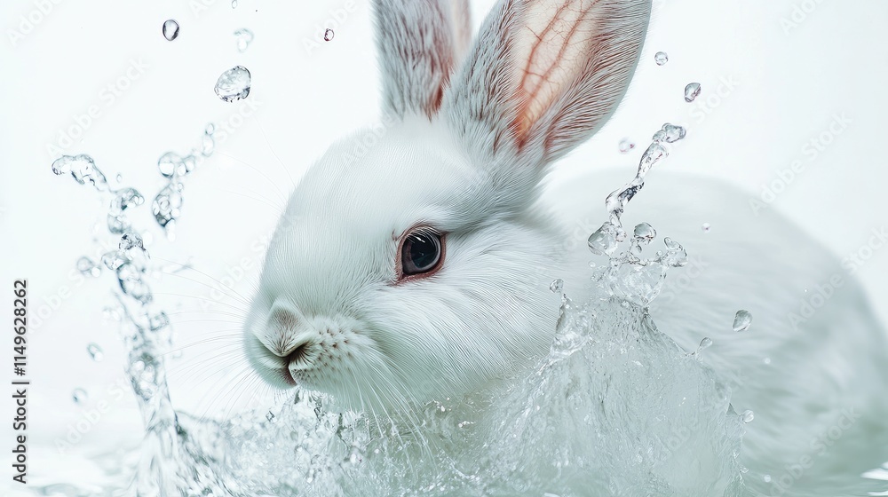 Poster minimalist close-up of a snow-white rabbit with splashes of clear water around its face, creating a 