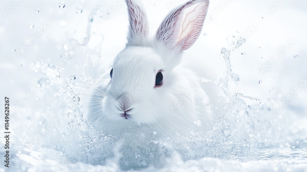 Poster minimalist close-up of a snow-white rabbit with splashes of clear water around its face, creating a 