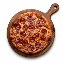 Overhead shot of a pepperoni pizza with ham and melted cheese, served on a round wooden cutting board, isolated on white