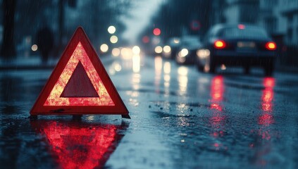 A red emergency triangle on the wet ground, reflecting light in the rain at night.
