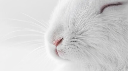 Obraz premium Minimalist close-up of a snow-white rabbit with a pink nose and delicate whiskers, on a simple white background.