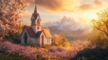 Fototapeta premium Sunrise over a church on Easter morning, with blooming flowers and a peaceful spring atmosphere.