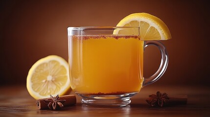 Warm beverage in glass mug with lemon and spices.