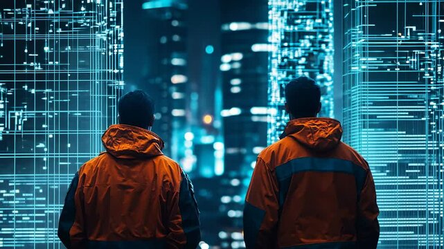 Futuristic Digital Cityscape with Two Silhouetted Figures at Night