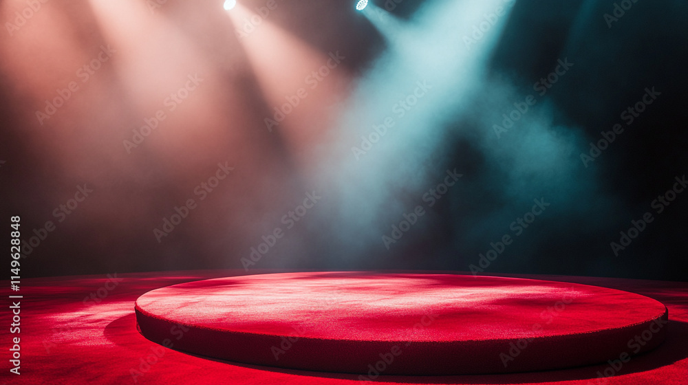 Poster empty stage with dramatic lighting setup for a performance or event.