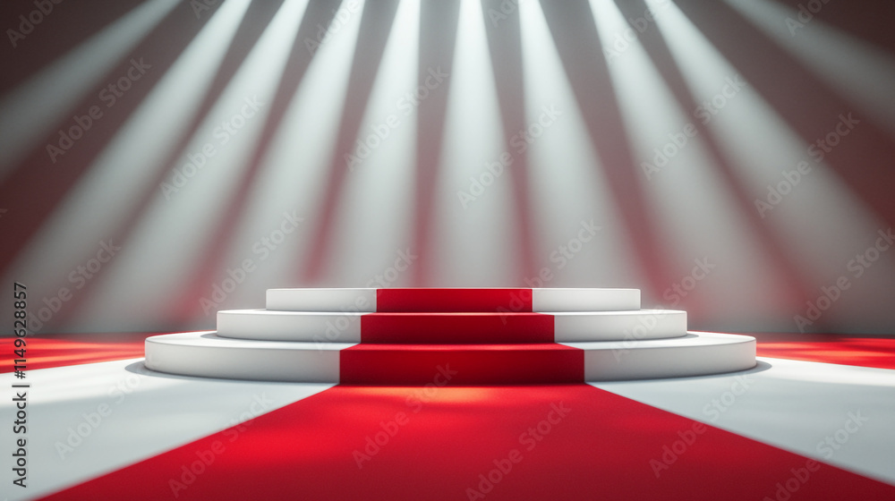 Poster illuminated stage with circular steps and red accents for a public event.