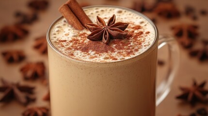Warm spiced latte in glass mug with cinnamon and star anise.