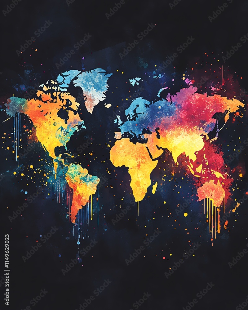 Poster a vivid world map in watercolor, splattered with bold colors and abstract shapes on a deep black bac