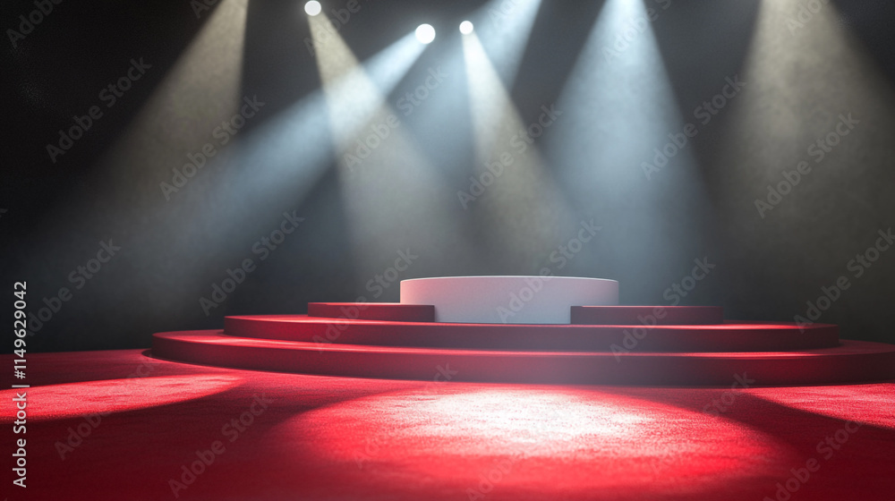 Poster stage with circular platform and red carpet illuminated by dramatic lights.