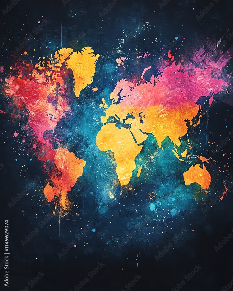 Poster a vivid world map in watercolor, splattered with bold colors and abstract shapes on a deep black bac
