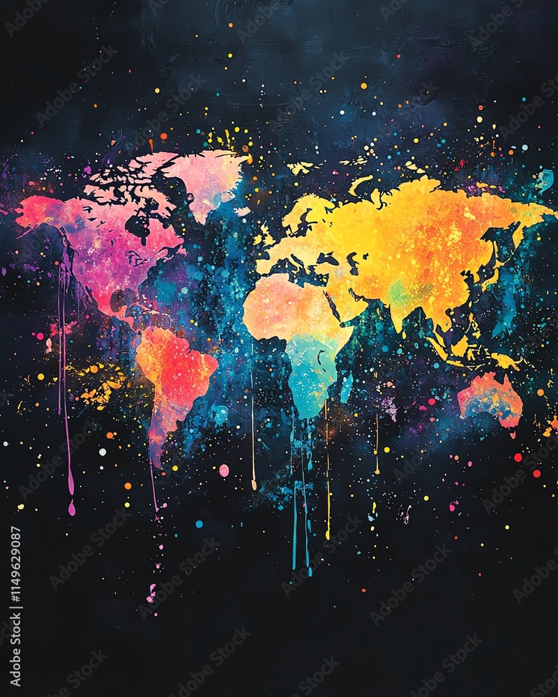 Aufkleber a vivid world map in watercolor, splattered with bold colors and abstract shapes on a deep black bac