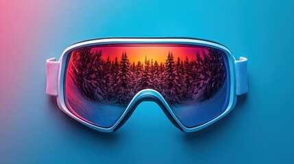 White ski goggles reflecting winter sunset landscape.