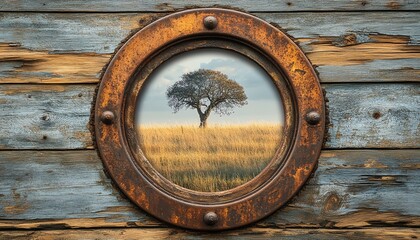 Fototapeta premium An aged, rusty porthole window with a view of a solitary tree in a meadow, set against a background of weathered wood grain and natural knots