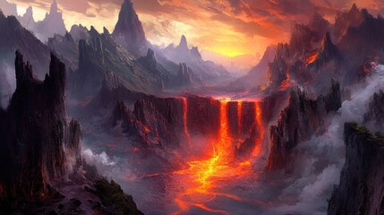 Fototapeta premium Fiery Lava Flow in Dramatic Mountain Landscape at Sunset