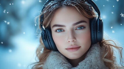 Woman listening to music in headphones outdoors in winter. Snow on her hair.
