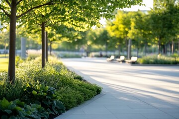 Sunlit park pathway with lush greenery and benches.