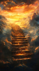 A celestial staircase glowing with golden light leads