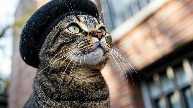 Stylish Cat with Beret Looking Up Against a Urban Background