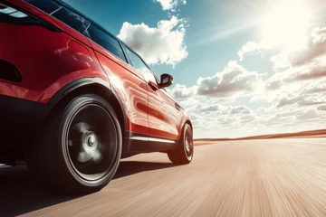 Lichtdoorlatende gordijnen Red SUV car in motion driving fast on a countryside road against a blue sky with clouds © Daria