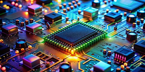 Obraz premium Glowing Circuit Board Close-Up, Processors, Architecture
