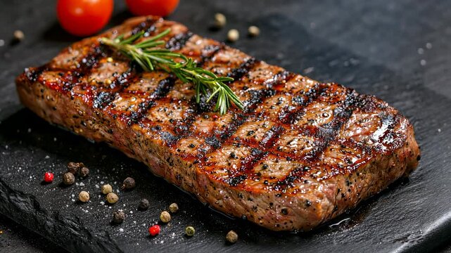Juicy Grilled Steak with Rosemary Garnish and Spices on Slate