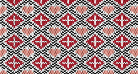 Pink heart and red geometric knitted pattern, Festive Sweater Design. Seamless Knitted Pattern, Valentine's concept.
