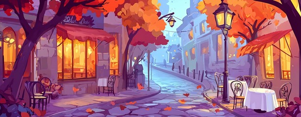 Obraz premium Cozy Autumn Evening in a Charming Small Town with Warm Glowing Lights and Colorful Fallen Leaves