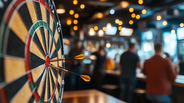 Darts board with two darts hitting the bullseye in a blurry bar background.