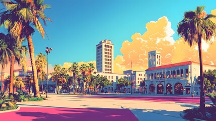 Obraz premium Palm Trees Line a City Street With Buildings and a Sunset Sky